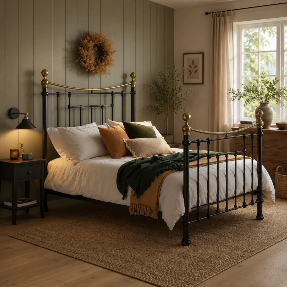 Steel bed frame with powder coated finish and classic design.