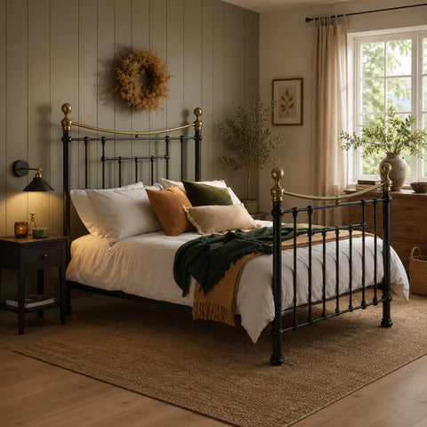 Steel bed frame with powder coated finish and classic design.