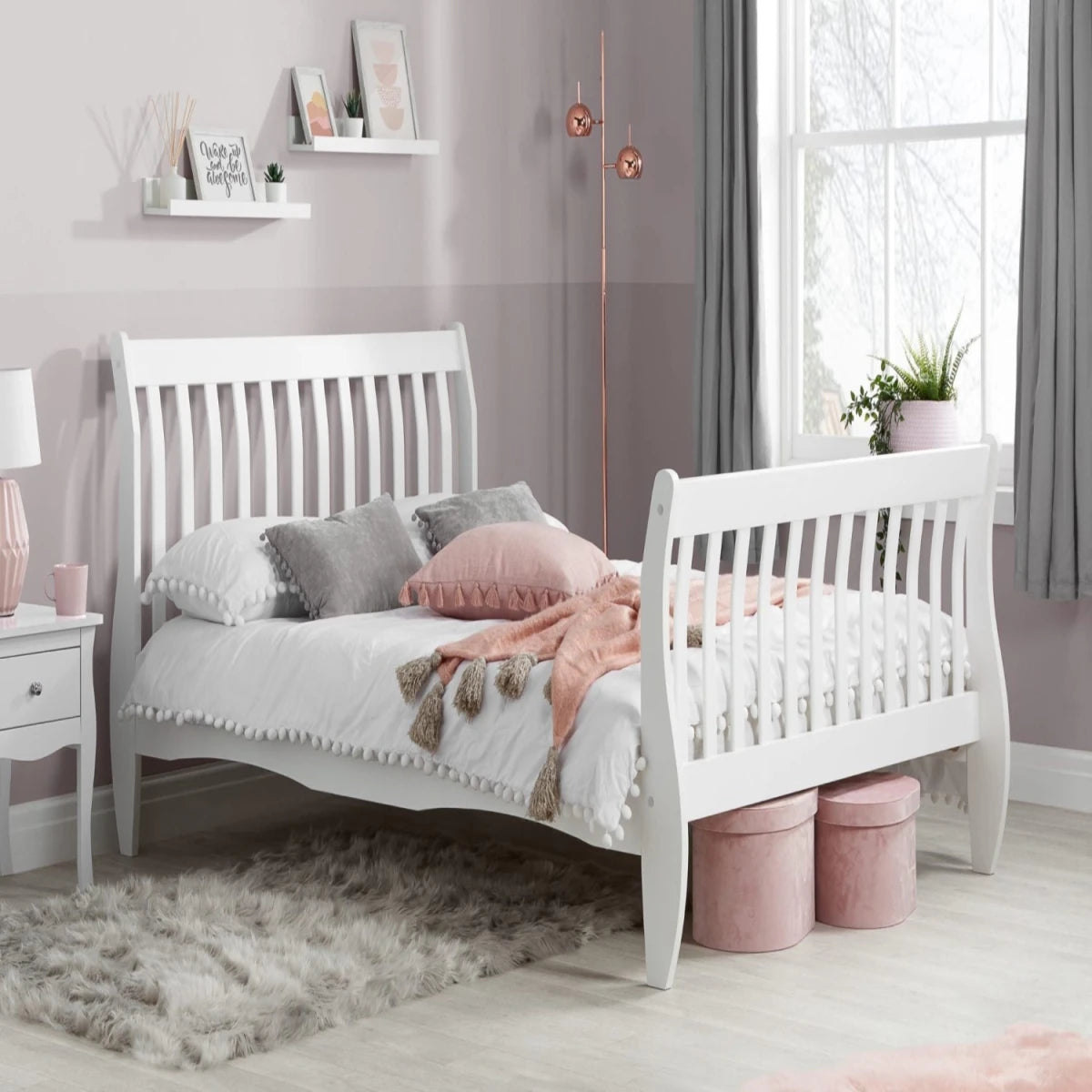 Solid pine wood bed frame with natural finish and minimalist design.