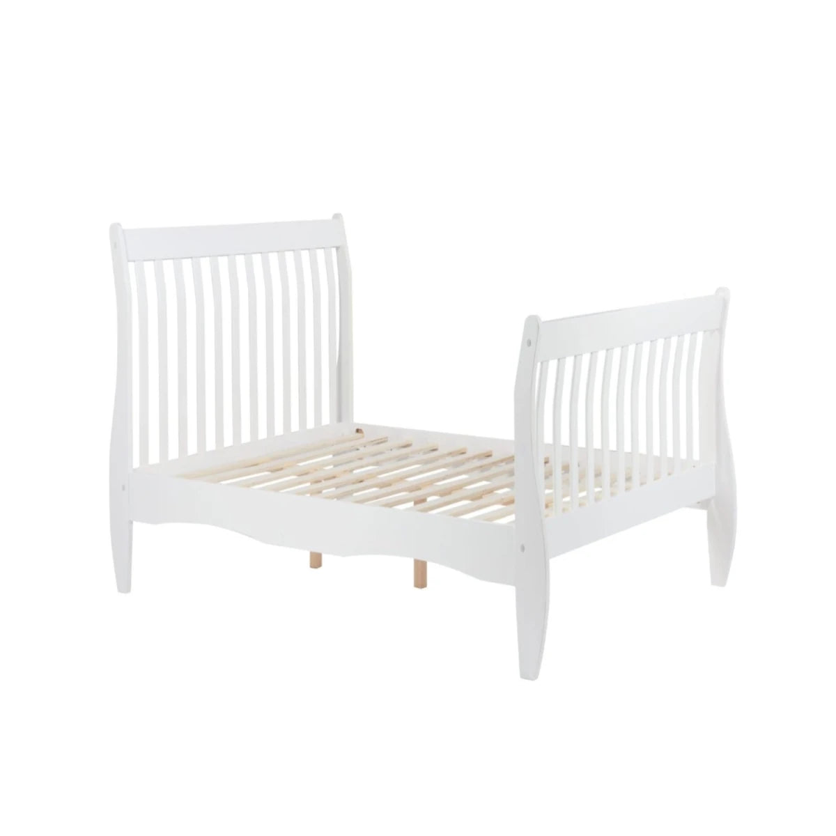 Natural wood bed base with smooth finish and sturdy build.