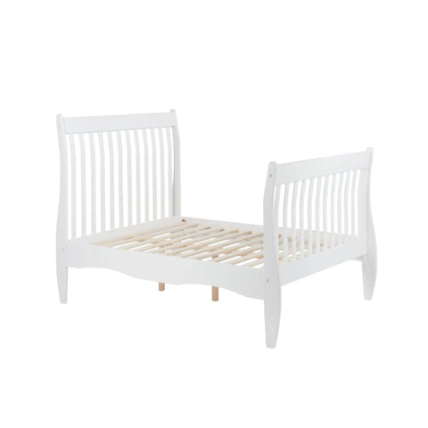 Natural wood bed base with smooth finish and sturdy build.