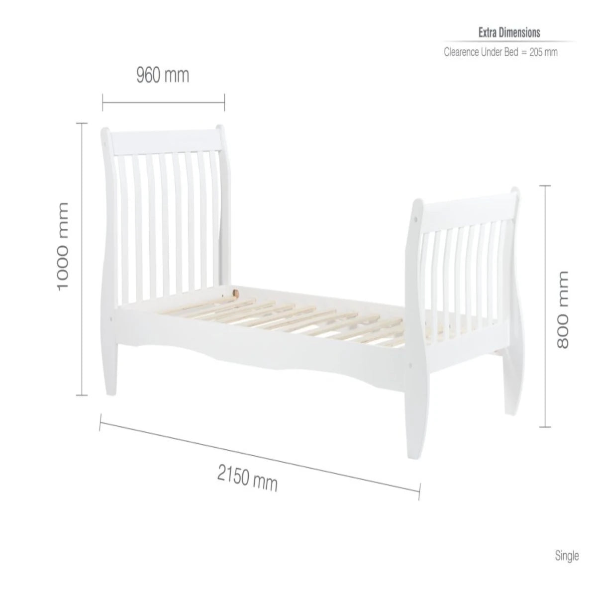 Detailed bed frame dimensions with headboard height information.