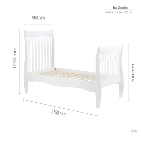 Detailed bed frame dimensions with headboard height information.