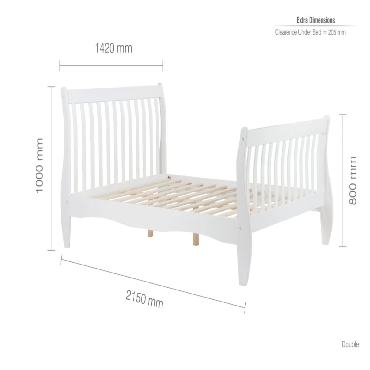 Detailed bed frame dimensions with headboard height information.