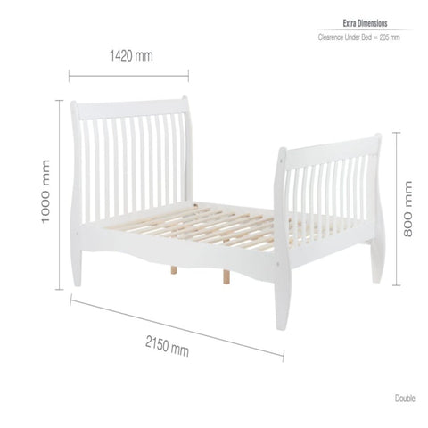 Detailed bed frame dimensions with headboard height information.