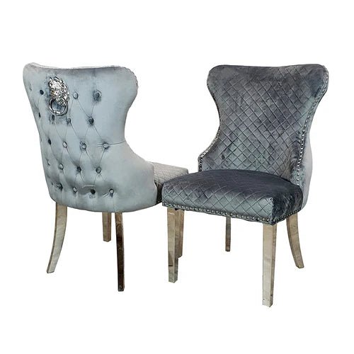 Bentley Grey Plush Velvet Dining Chairs with chrome legs and Lion knocker 