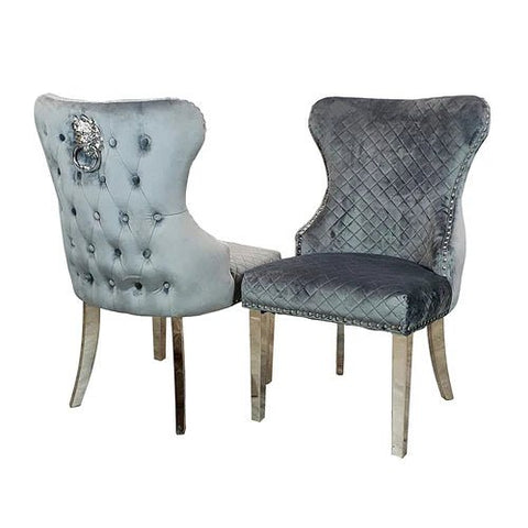 Bentley Grey Plush Velvet Dining Chairs with chrome legs and Lion knocker 