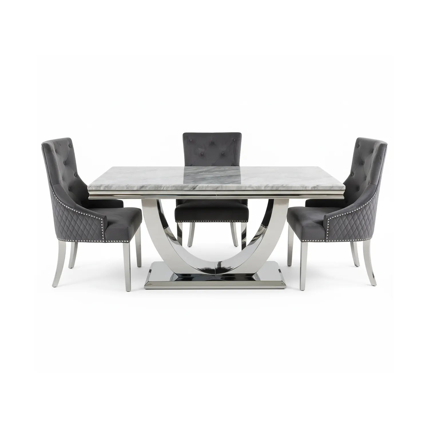 Bentley White or Light Grey Marble Dining Table with Lion Knocker Chairs - Pendle Village Furniture