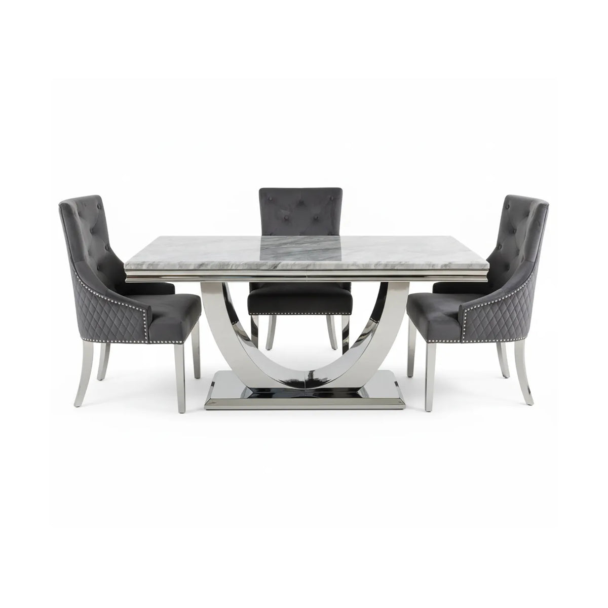 Bentley White or Light Grey Marble Dining Table with Lion Knocker Chairs - Pendle Village Furniture