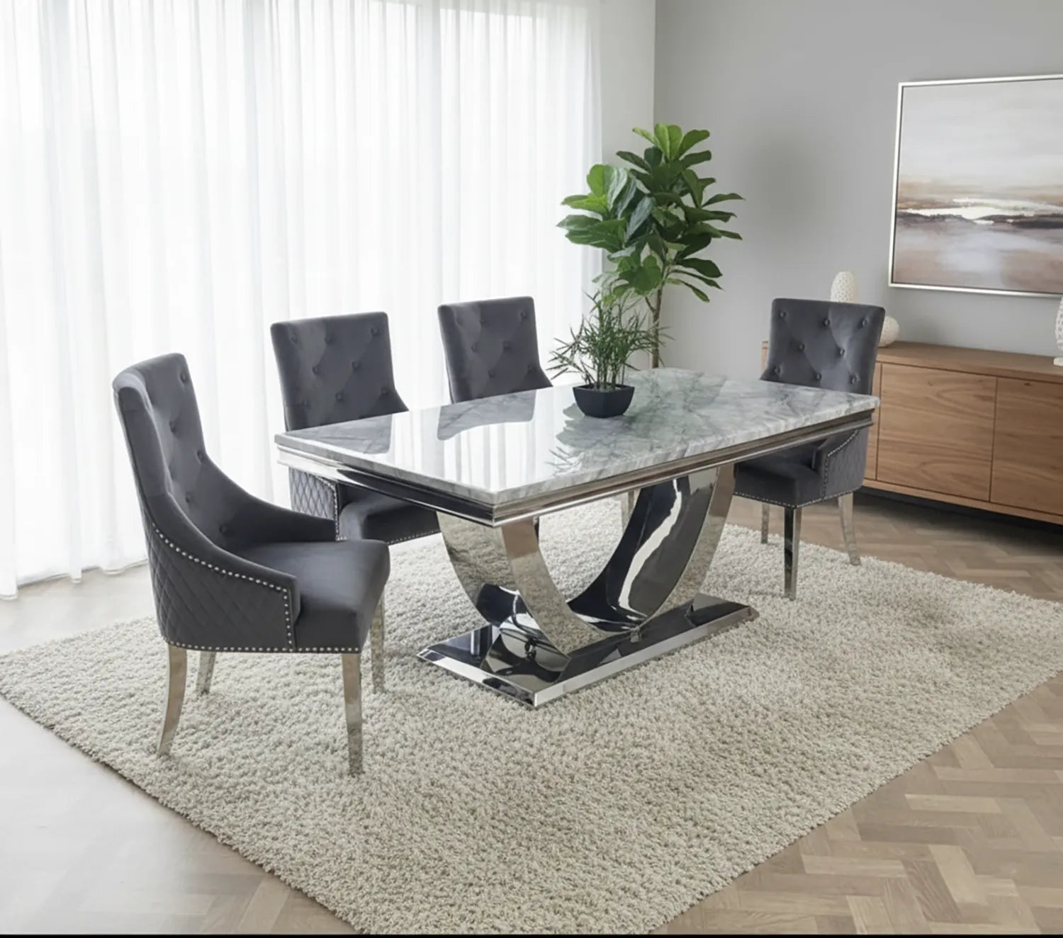 Bentley White or Light Grey Marble Dining Table with Lion Knocker Chairs - Pendle Village Furniture