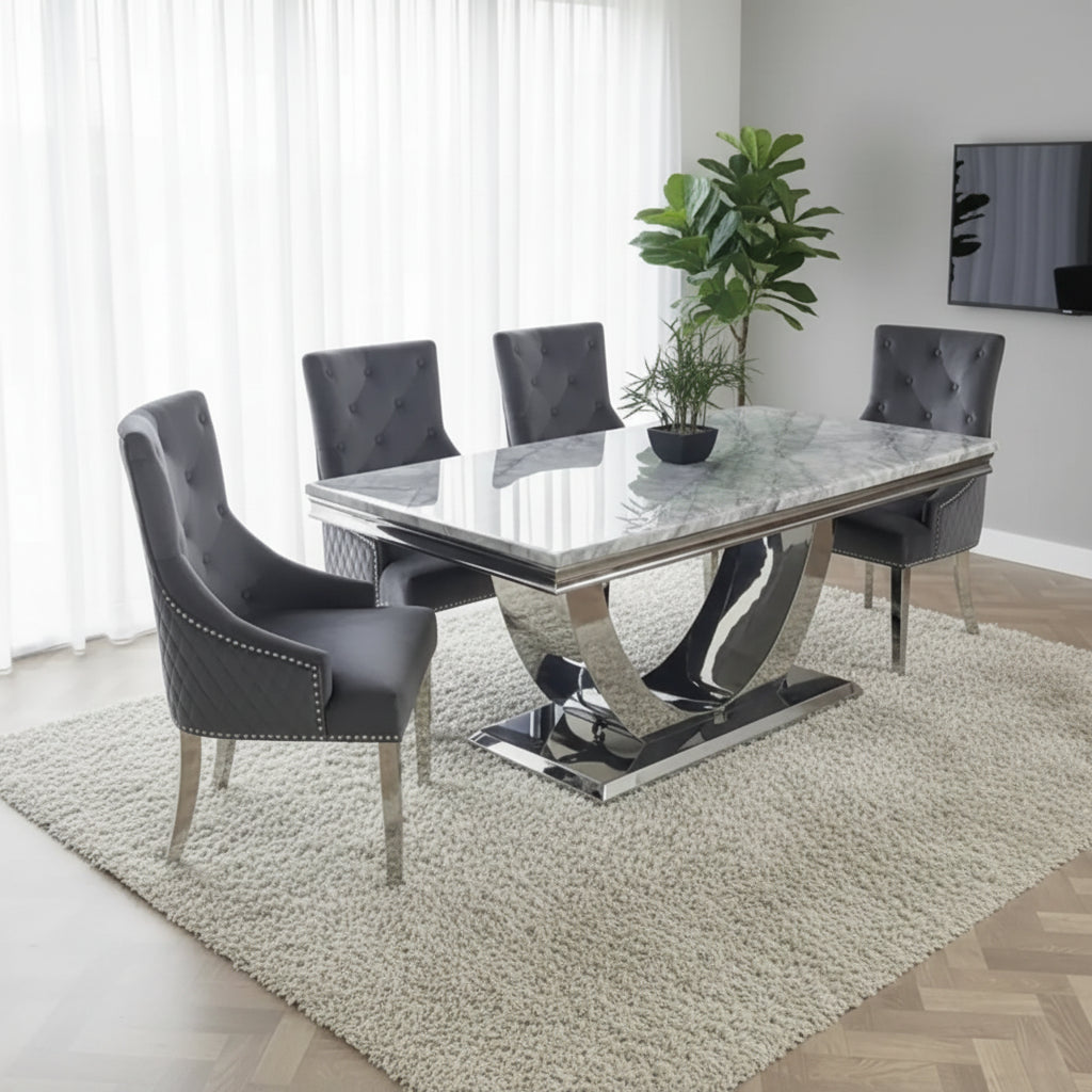 Bentley White or Light Grey Marble Dining Table with Lion Knocker Chairs - Pendle Village Furniture