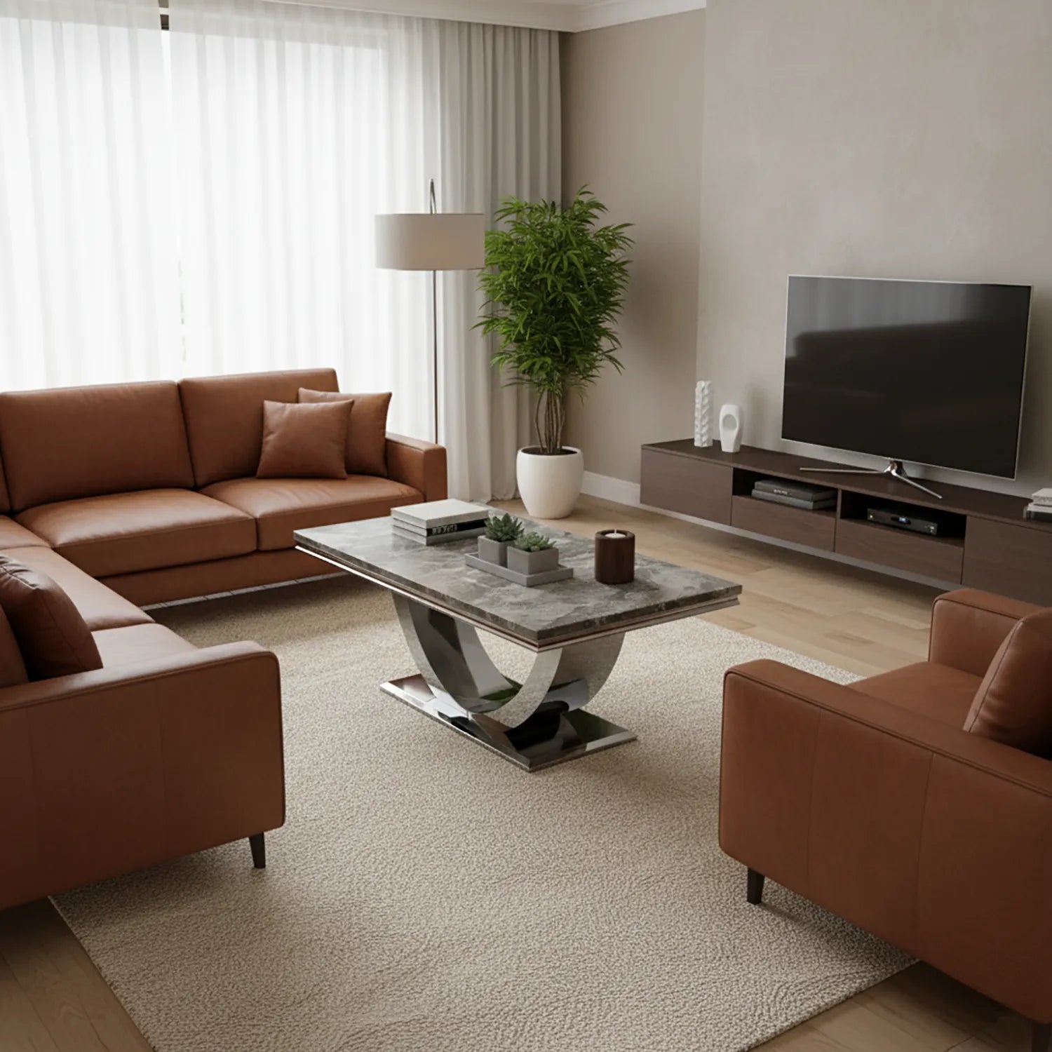 Bentley Mix Brown Marble Coffee Table with Chrome U - Base - Pendle Village Furniture