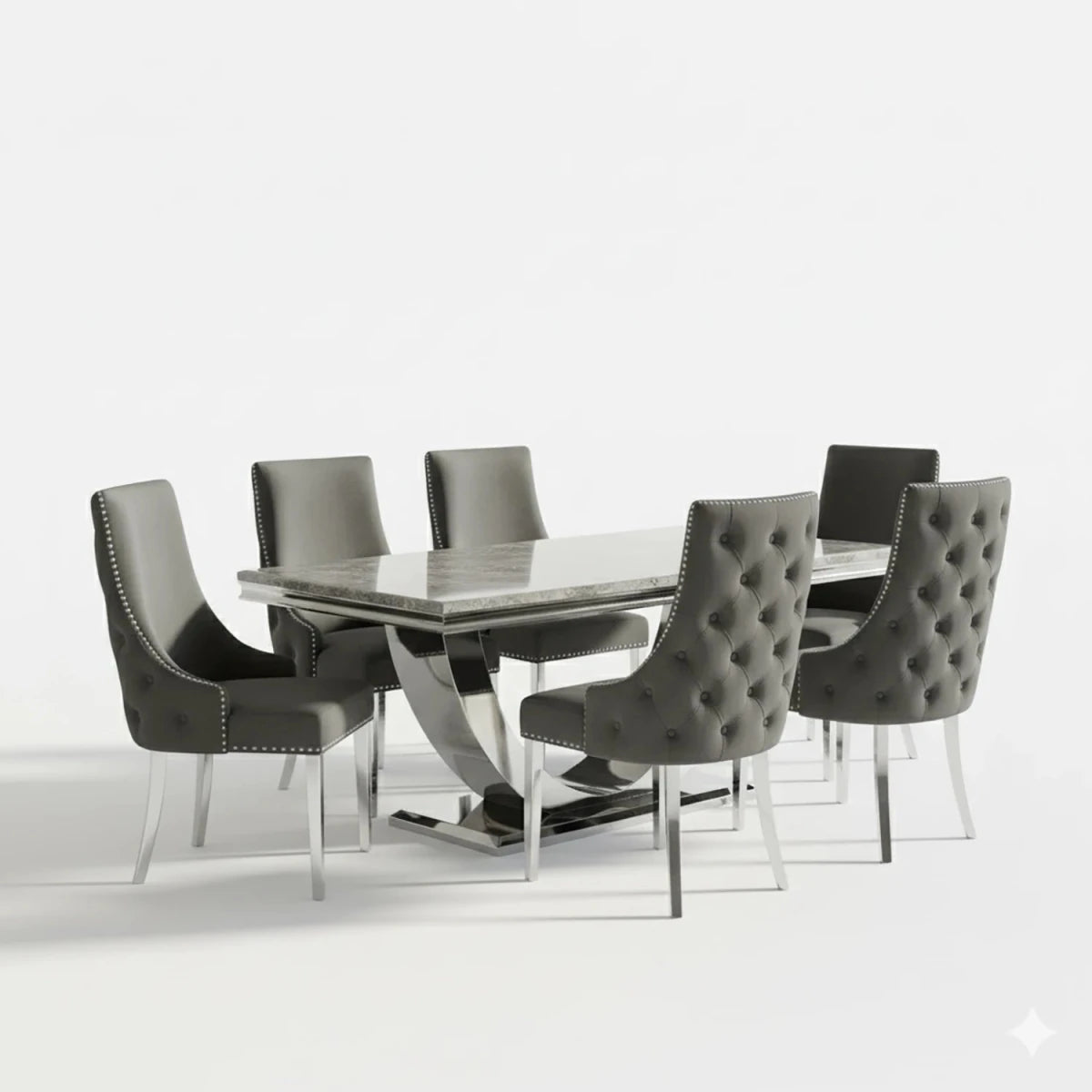 Bentley Venice Grey Marble Top Dining Table with Velvet Grey Dining Chairs 