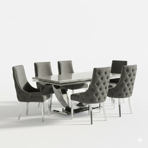Bentley 1.8M Venice Grey Marble Dining Table with 6 Nelson Dark Grey Velvet Chairs - Pendle Village Furniture