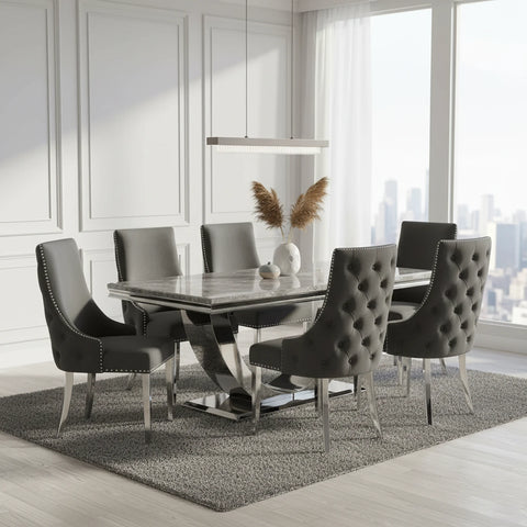 Bentley 1.8M Venice Grey Marble Dining Table with 6 Nelson Dark Grey Velvet Chairs - Pendle Village Furniture