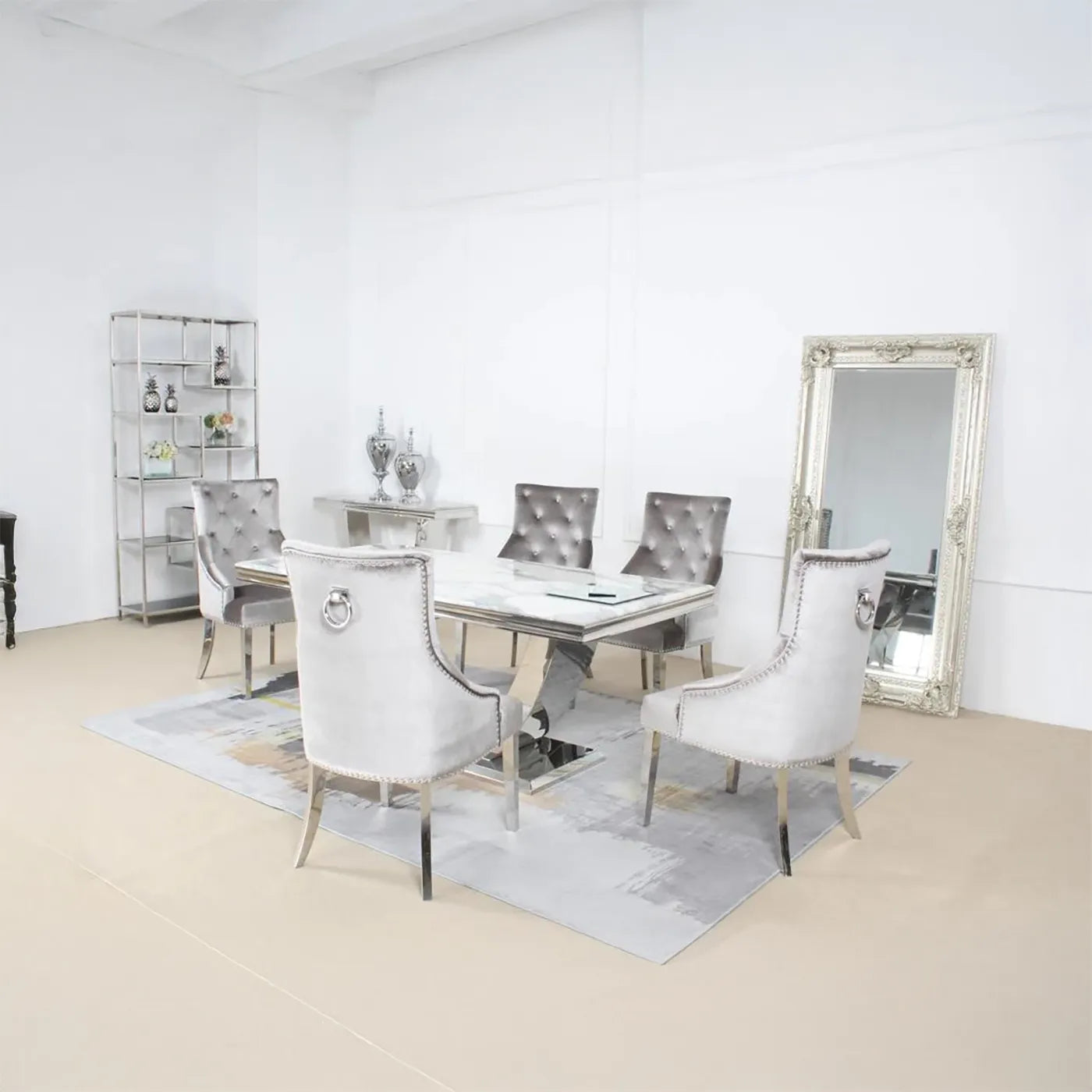 Bentley White or Light Grey Marble Dining Table with Belvedere Chairs - Pendle Village Furniture