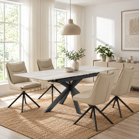 Bergen Ivory Sintered Stone Ceramic Extending Dining Table with Vogue Swivel Chairs