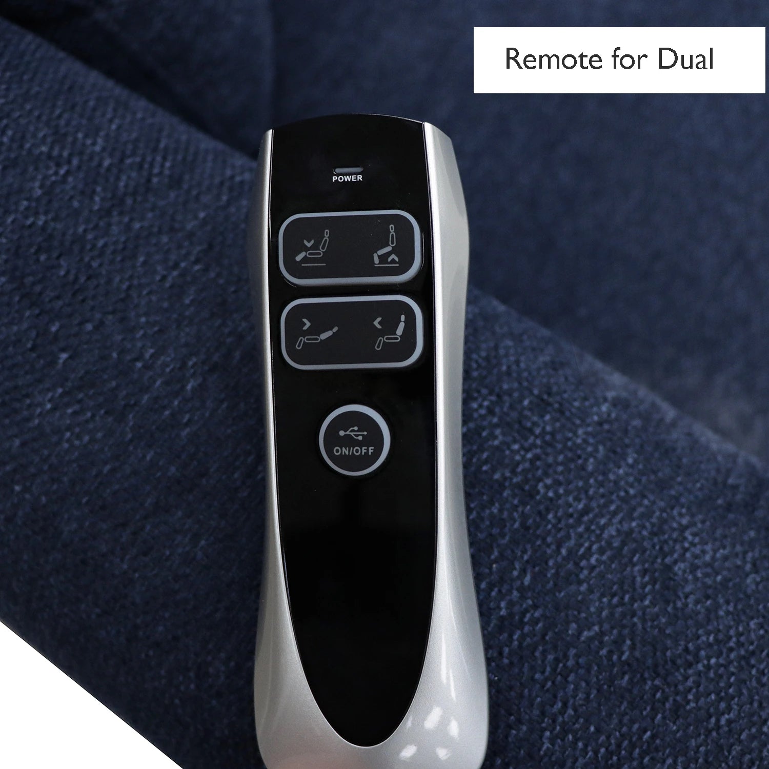 A close-up of a remote control labeled 'Remote for Dual'. for Berkshire Blue Fabric Upholstered Premium Comfort Accessibility Rise & Recline Chair with Dual Motor