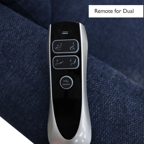 A close-up of a remote control labeled 'Remote for Dual'. for Berkshire Blue Fabric Upholstered Premium Comfort Accessibility Rise & Recline Chair with Dual Motor