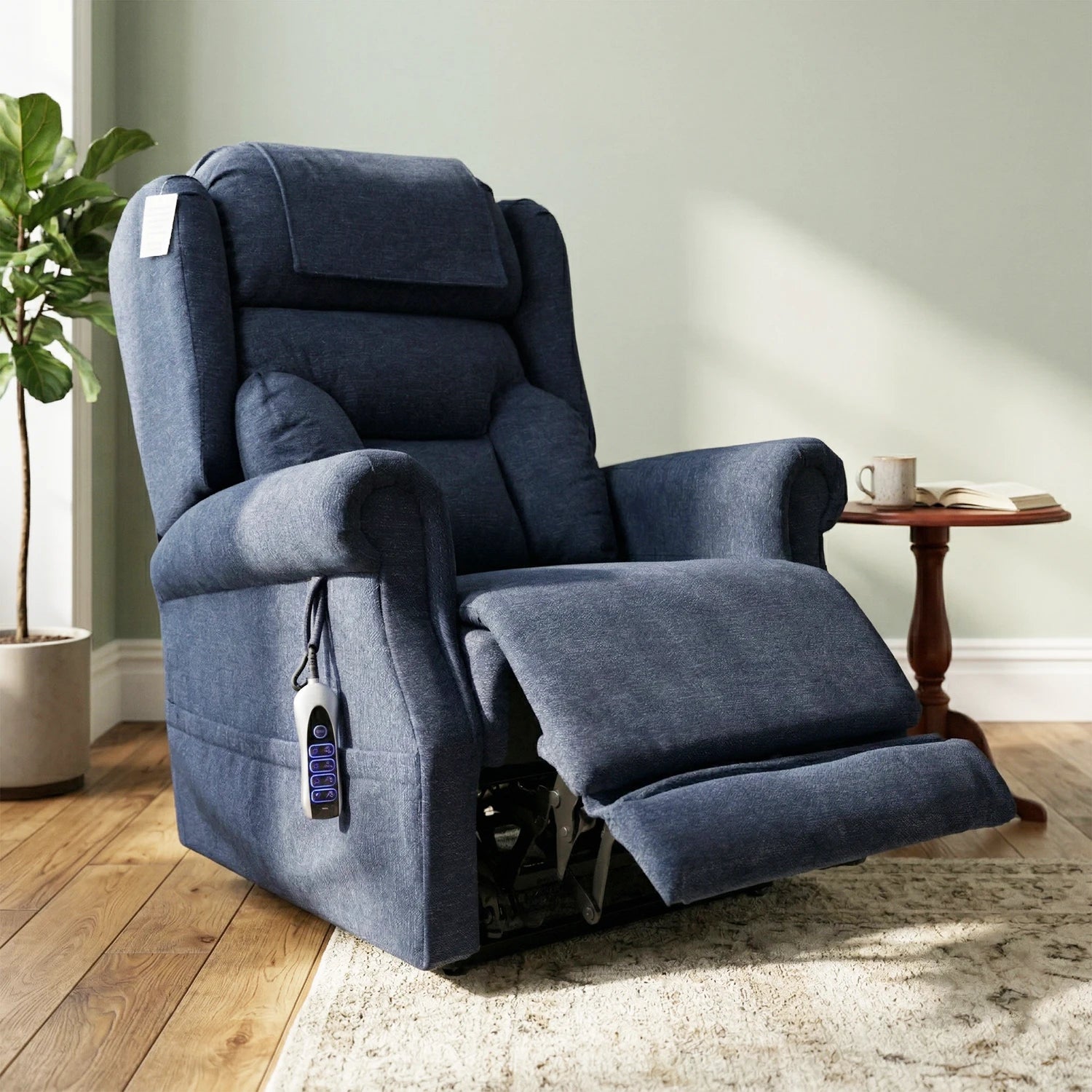 Berkshire Blue Fabric Upholstered Premium Comfort Accessibility Rise & Recline Chair with Dual or Quad Motor