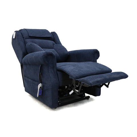 A navy blue upholstered recliner chair with the footrest extended, shown on a clean white background. A small control panel is attached to the side of the chair.