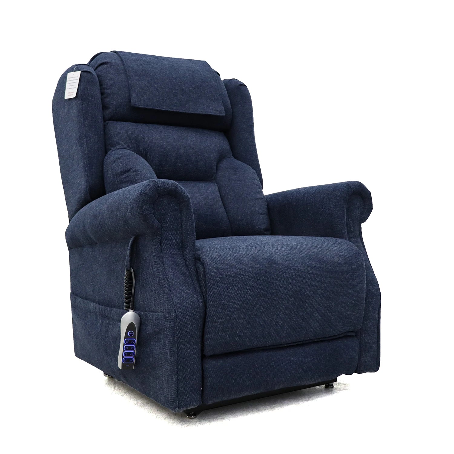 A dark navy blue fabric power recliner chair with a headrest, armrests, and a side-mounted remote control, shown against a plain white background.