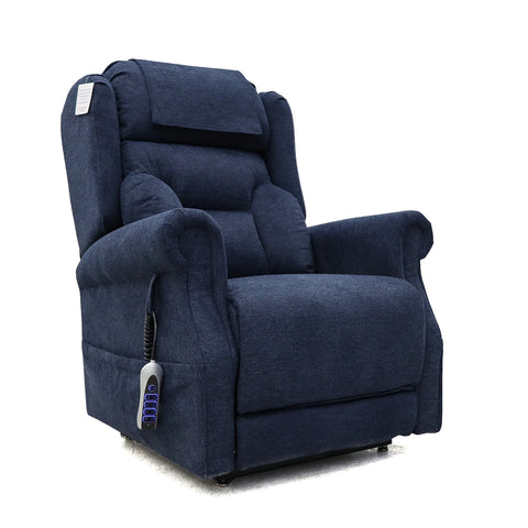 A dark navy blue fabric power recliner chair with a headrest, armrests, and a side-mounted remote control, shown against a plain white background.