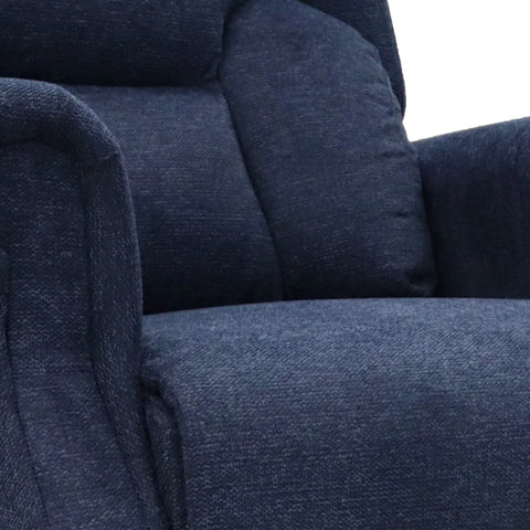 Close-up of a dark navy blue upholstered of Berkshire Blue Fabric Upholstered Premium Comfort Accessibility Rise & Recline Chair with Quad Motor