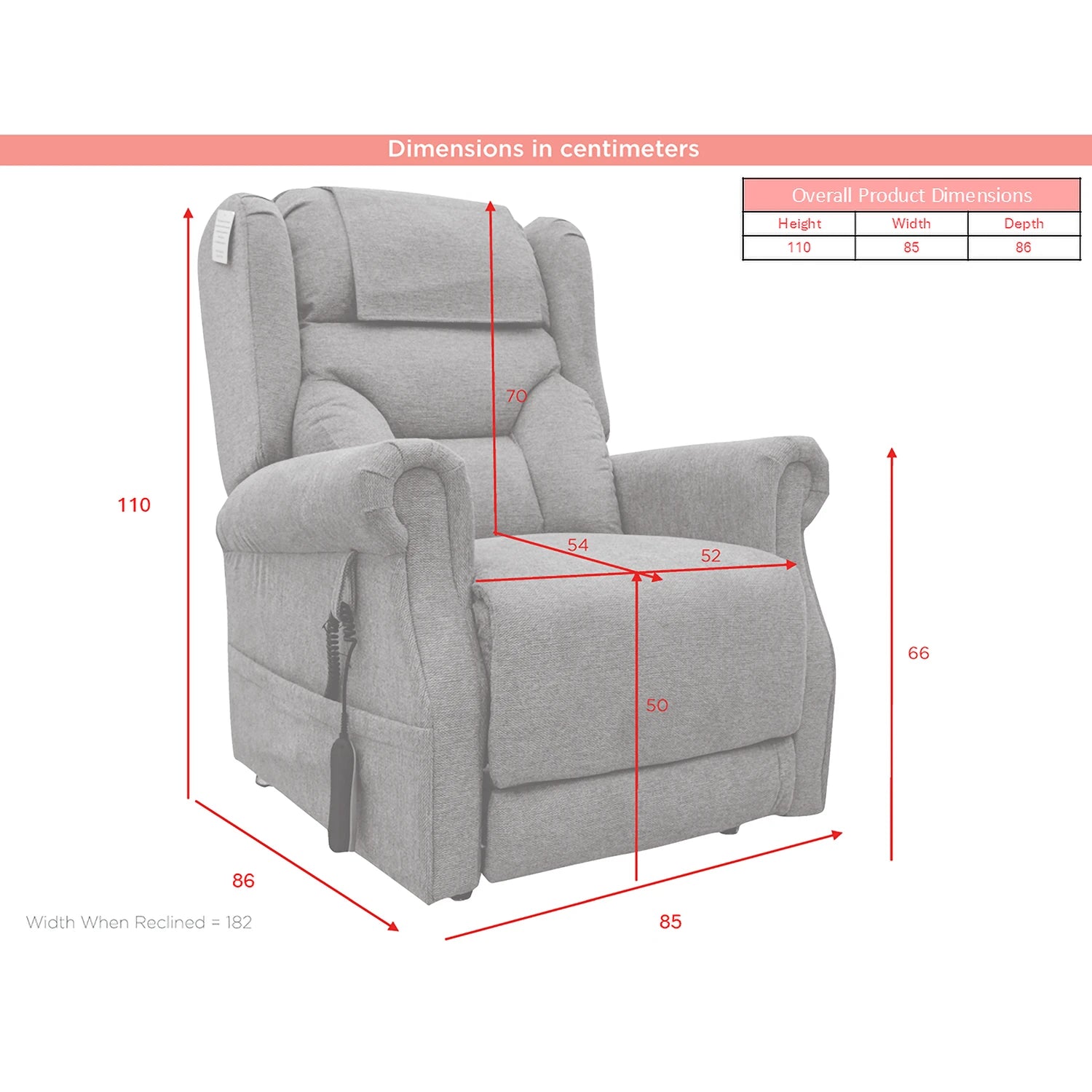 Berkshire Fabric Upholstered Premium Comfort Accessibility Rise & Recline Chair with Dual or Quad Motor shown with red dimension lines and a small product dimensions table, explaining height, width, and depth measurements.