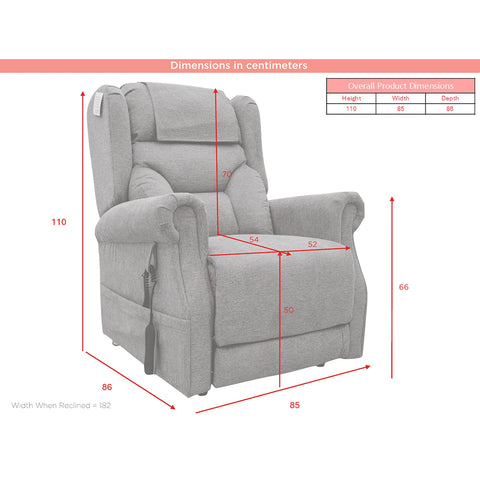 Berkshire Fabric Upholstered Premium Comfort Accessibility Rise & Recline Chair with Dual or Quad Motor shown with red dimension lines and a small product dimensions table, explaining height, width, and depth measurements.