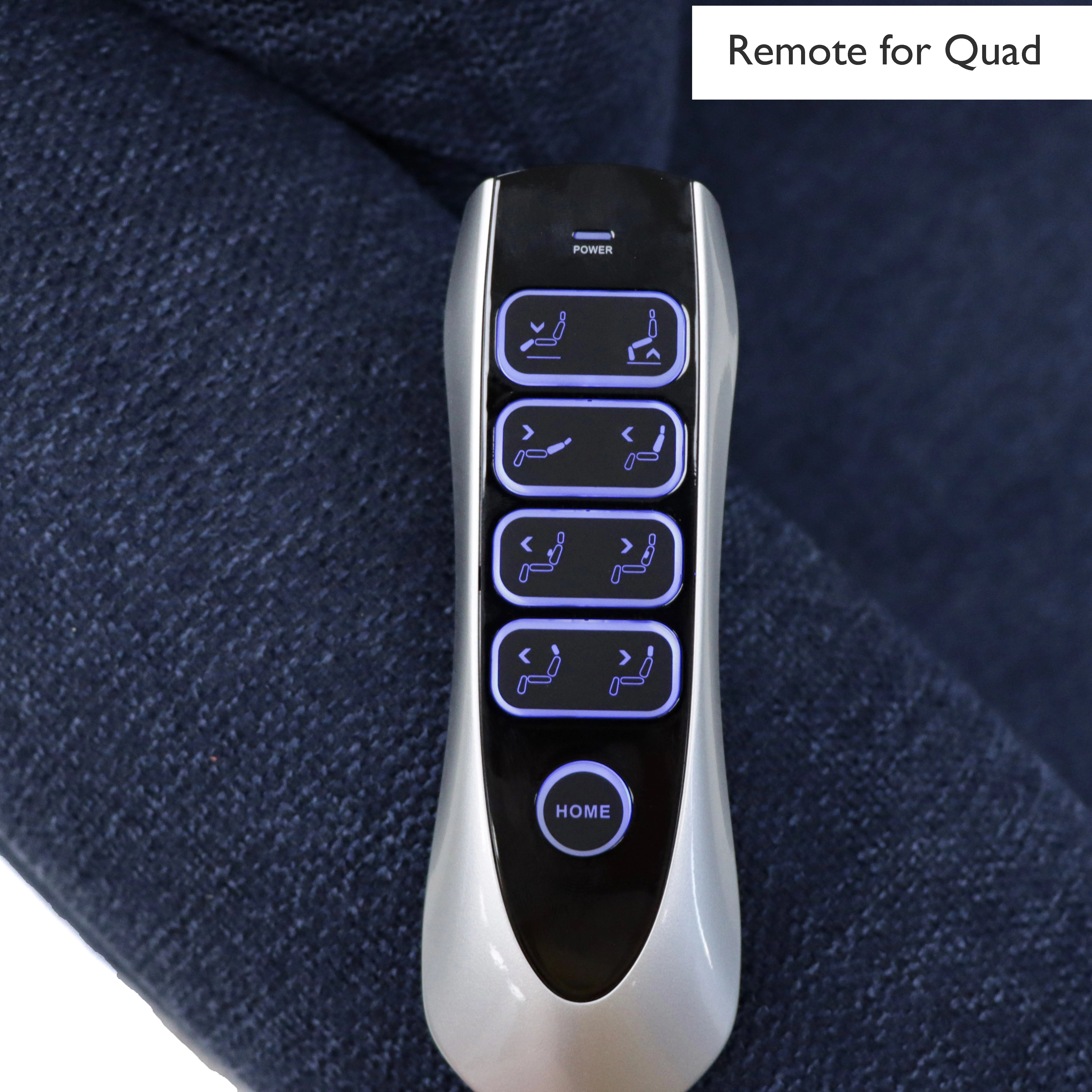 A close-up of a remote control labeled 'Remote for Quad'. for Berkshire Blue Fabric Upholstered Premium Comfort Accessibility Rise & Recline Chair with Quad Motor