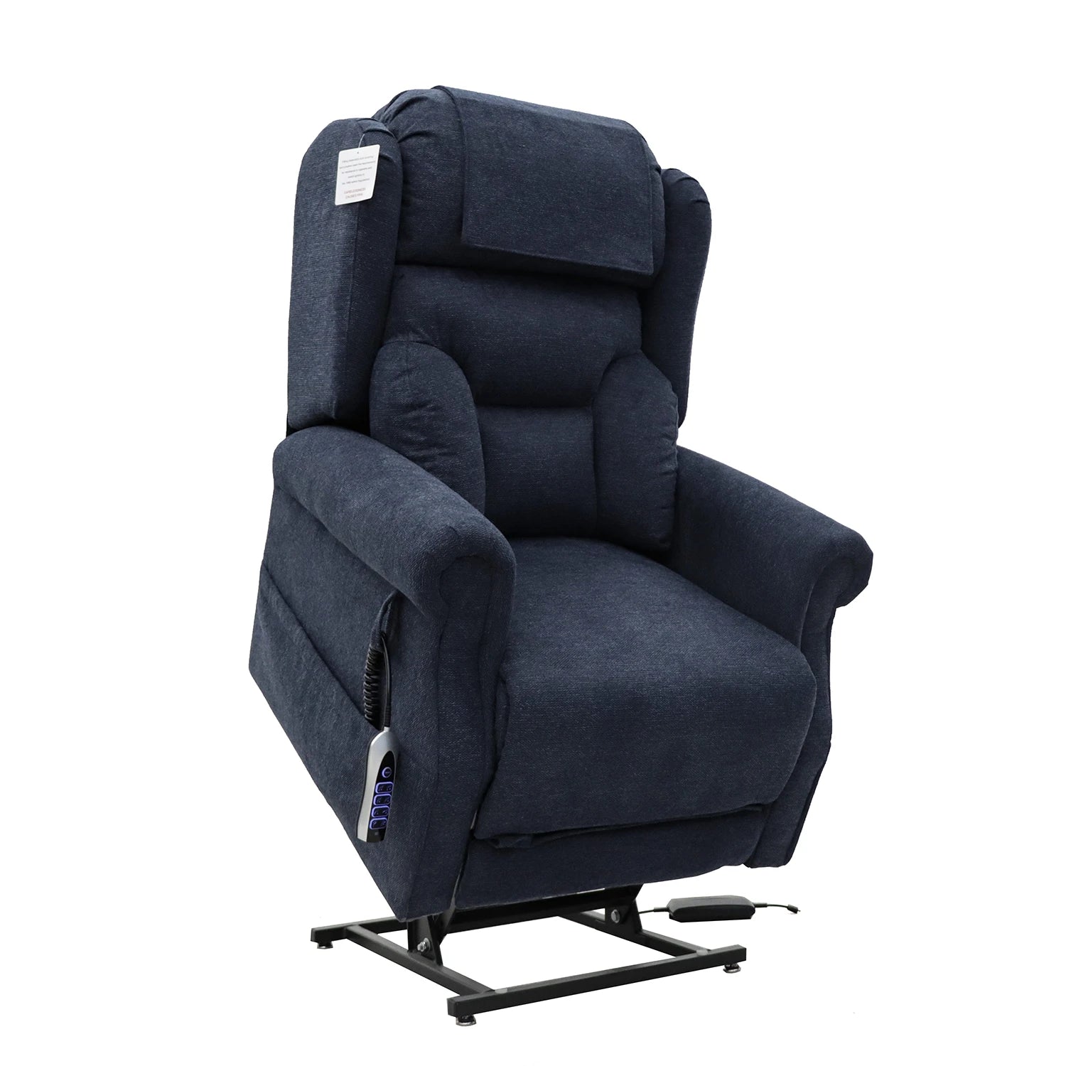 A dark navy blue fabric power lift chair with a headrest, armrests, and a black metal base, shown against a plain white background.