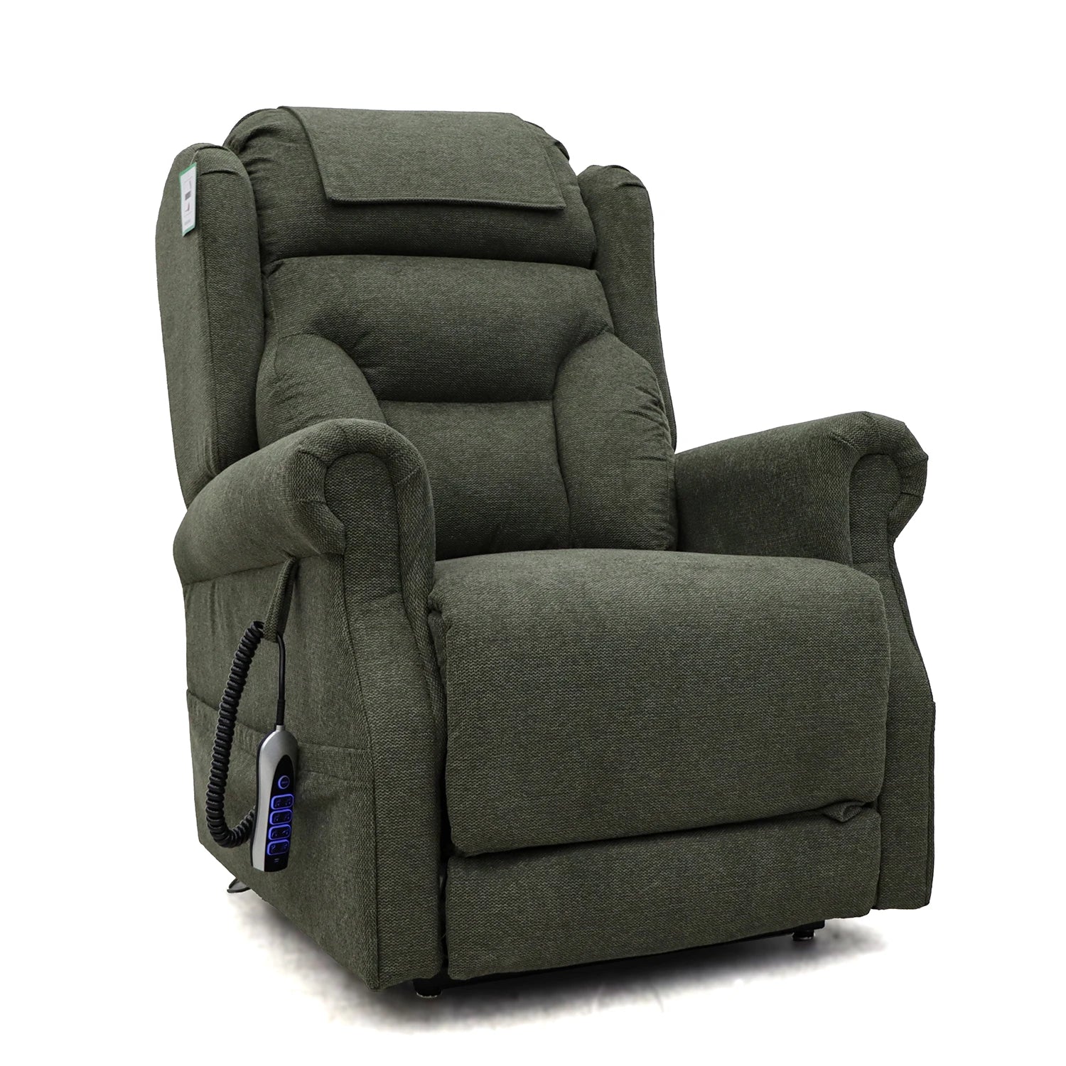 An upholstered recliner chair in dark olive green fabric, shown from a three-quarter angle on a white background. It features a padded headrest, wide armrests, and a side-mounted black wired remote control.