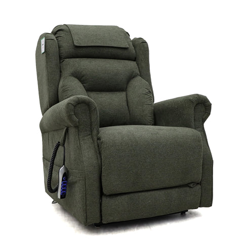 An upholstered recliner chair in dark olive green fabric, shown from a three-quarter angle on a white background. It features a padded headrest, wide armrests, and a side-mounted black wired remote control.