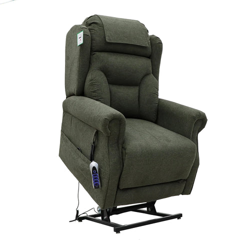 Berkshire Olive Green Fabric Upholstered Premium Comfort Accessibility Rise & Recline Chair with Quad Motor