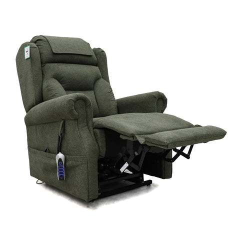 An electric rise and recliner chair upholstered in textured olive green fabric, shown with the footrest extended and a hand-held remote control hanging from the side pocket, set against a plain white background.