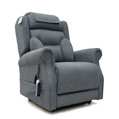 A gray fabric power Rise and recliner chair with a headrest, padded armrests, and a side control remote, shown on a white background.