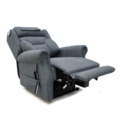 Berkshire Steel Grey Fabric Upholstered Premium Comfort Accessibility Rise & Recline Chair with Dual or Quad Motor with foot recliner reclined