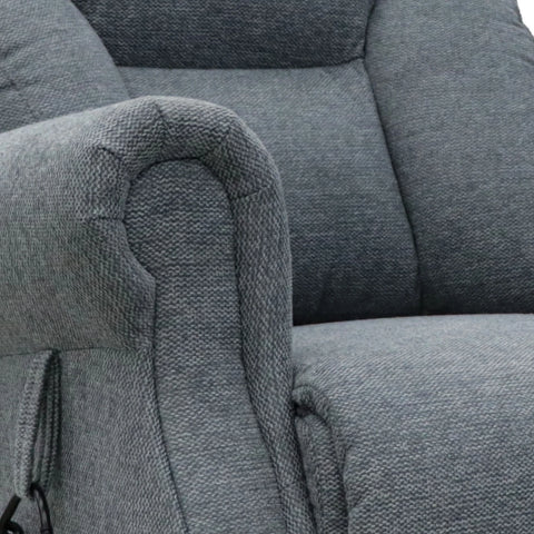 Close-up of a Berkshire Steel Grey Fabric Upholstered Premium Comfort Accessibility Rise & Recline Chair with Dual or Quad Motor showing the textured fabric, padded armrest, and seat cushion.