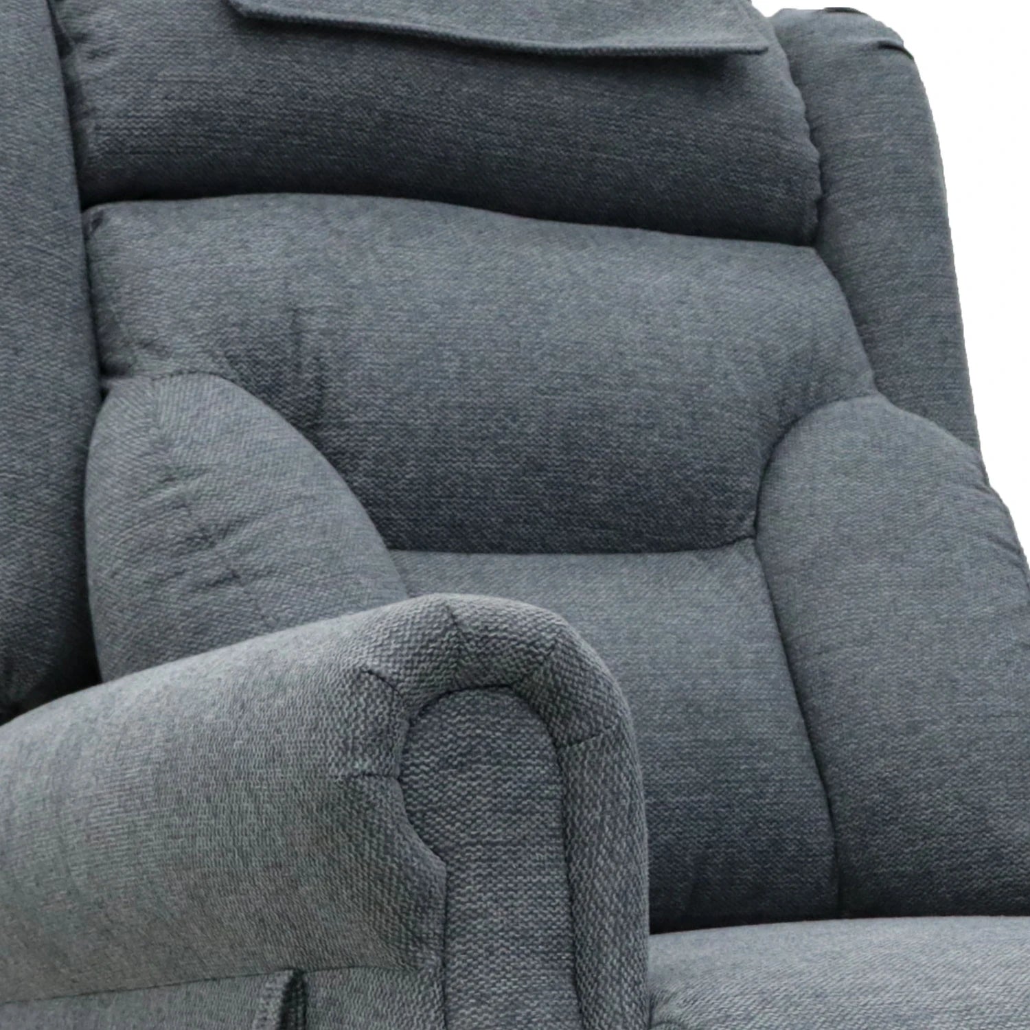 Close-up of a Berkshire Steel Grey Fabric Upholstered Premium Comfort Accessibility Rise & Recline Chair with Dual or Quad Motor showing the textured fabric, padded backrest, armrest, and headrest cushion.