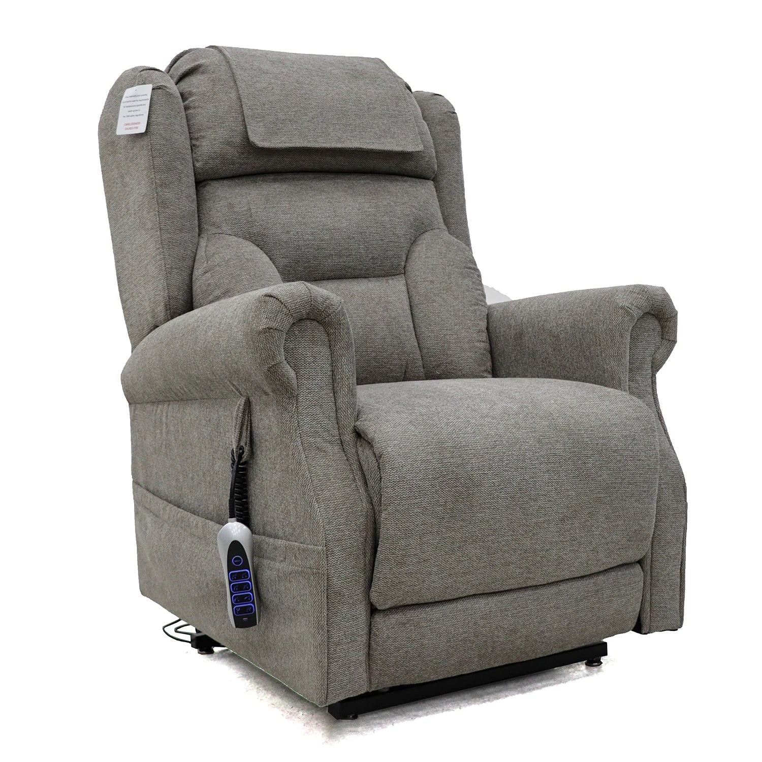 Berkshire Stone Fabric Upholstered Premium Comfort Accessibility Rise & Recline Chair with a headrest, side pocket holding a remote control, and visible power cord, shown on a plain white background.