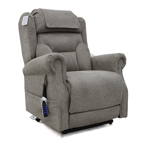 Berkshire Stone Fabric Upholstered Premium Comfort Accessibility Rise & Recline Chair with a headrest, side pocket holding a remote control, and visible power cord, shown on a plain white background.