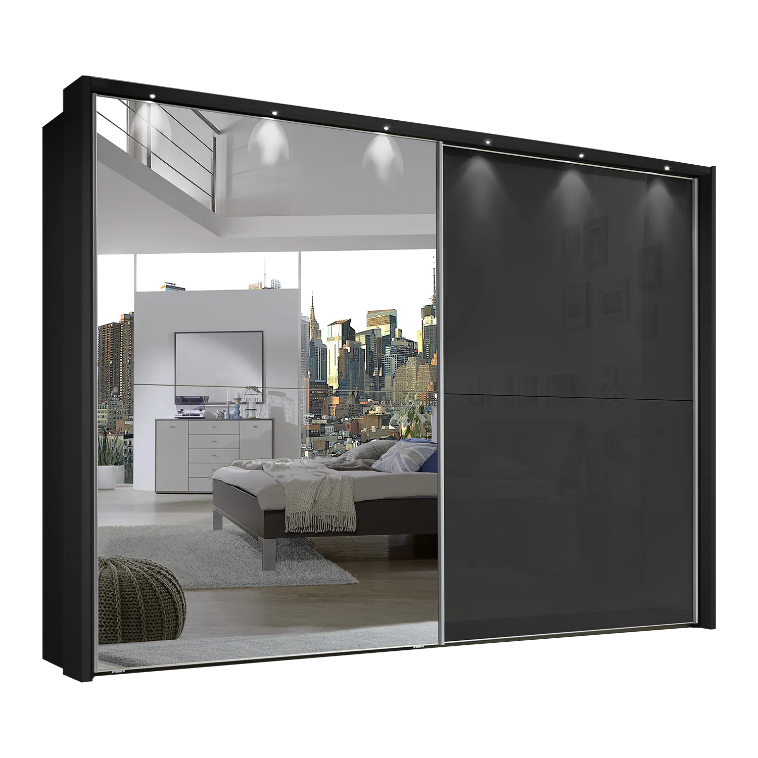 Wiemann Bristol Graphite Sliding Door Wardrobe With Mirror, We will Deliver and assemble the wardrobe. Available in 4 Width Sizes 150cm, 200cm, 250cm and 300cm height is 217cm - White Background 