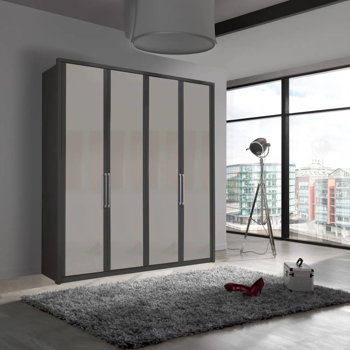 Wiemann Bristol Graphite and Pebble Grey Glass Front 4 Door Wardrobe - Pendle Village Furniture