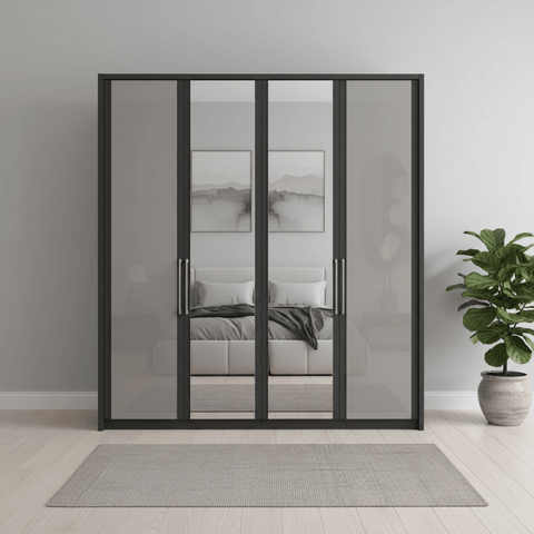 Wiemann Bristol Graphite and Pebble Grey Glass Front 4 Door Wardrobe with Mirror