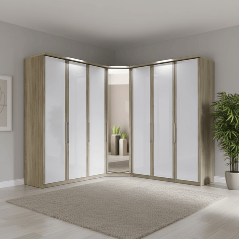 Bristol Oak and White Glass Front Large Corner Wardrobe