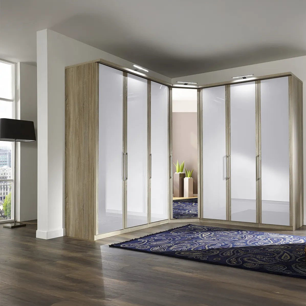 Bristol Oak and White Glass Front Large Corner Wardrobe - Pendle Village Furniture
