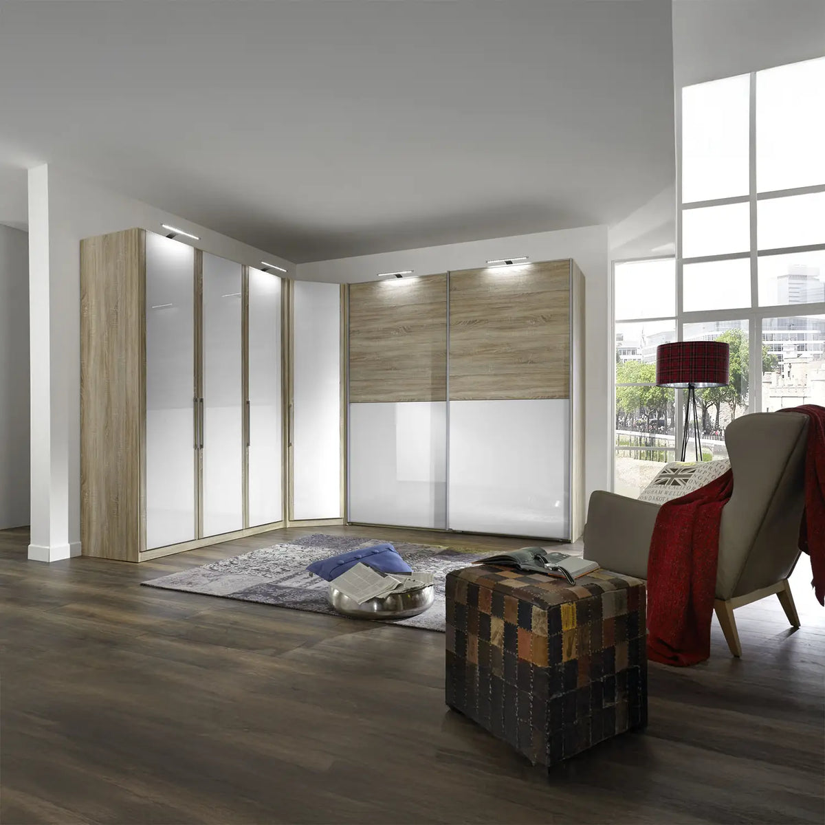 Bristol Oak & White Glass Front Large Corner Wardrobe - Pendle Village Furniture