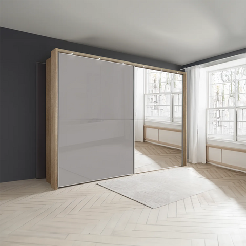 Wiemann Bristol Rustic Oak and Pebble Grey Sliding Door Wardrobe With Mirror, We will Deliver and assemble the wardrobe. Available in 4 Width Sizes 150cm, 200cm, 250cm and 300cm height is 217cm - Lifestyle Image