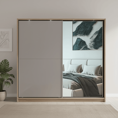 Wiemann Bristol Rustic Oak and Pebble Grey Sliding Door Wardrobe With Mirror